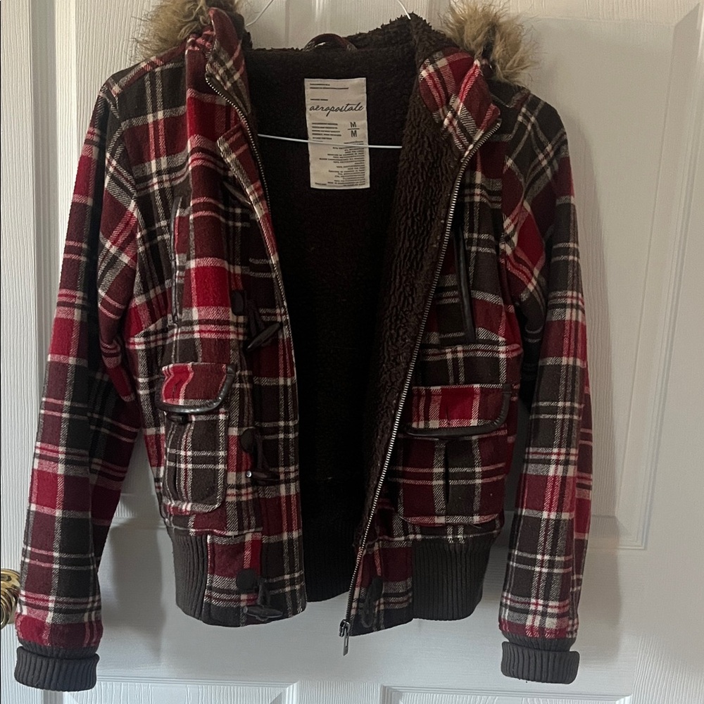 Aeropostale Plaid women winter coat with Faux Fur Hood Sz med